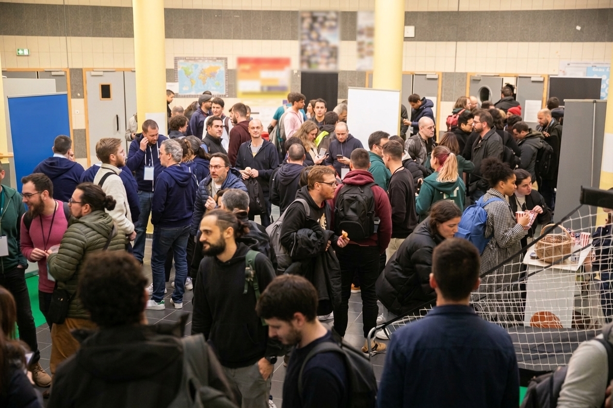 Échanges entre participants dans l’espace des stands